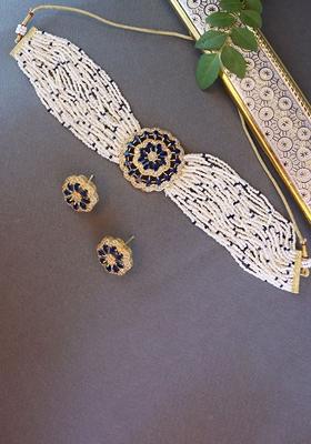 Gold Plated Traditional Cz Crystal Studded Pearl Choker Necklace Jewellery Set