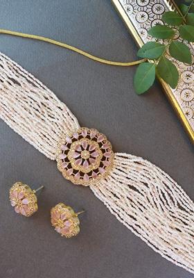 Gold Plated Traditional Cz Crystal Studded Pearl Choker Necklace Jewellery Set