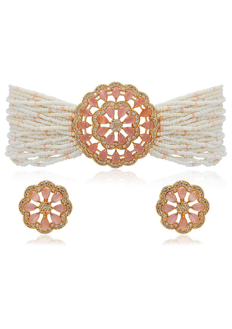 Gold Plated Traditional Cz Crystal Studded Pearl Choker Necklace Jewellery Set