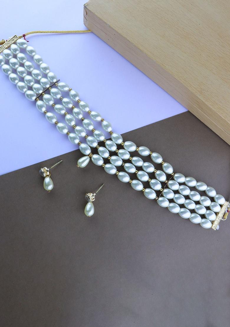Gold Plated Traditional Pearl Beaded Stylish Moti Choker Necklace Jewellery Set With Earrings