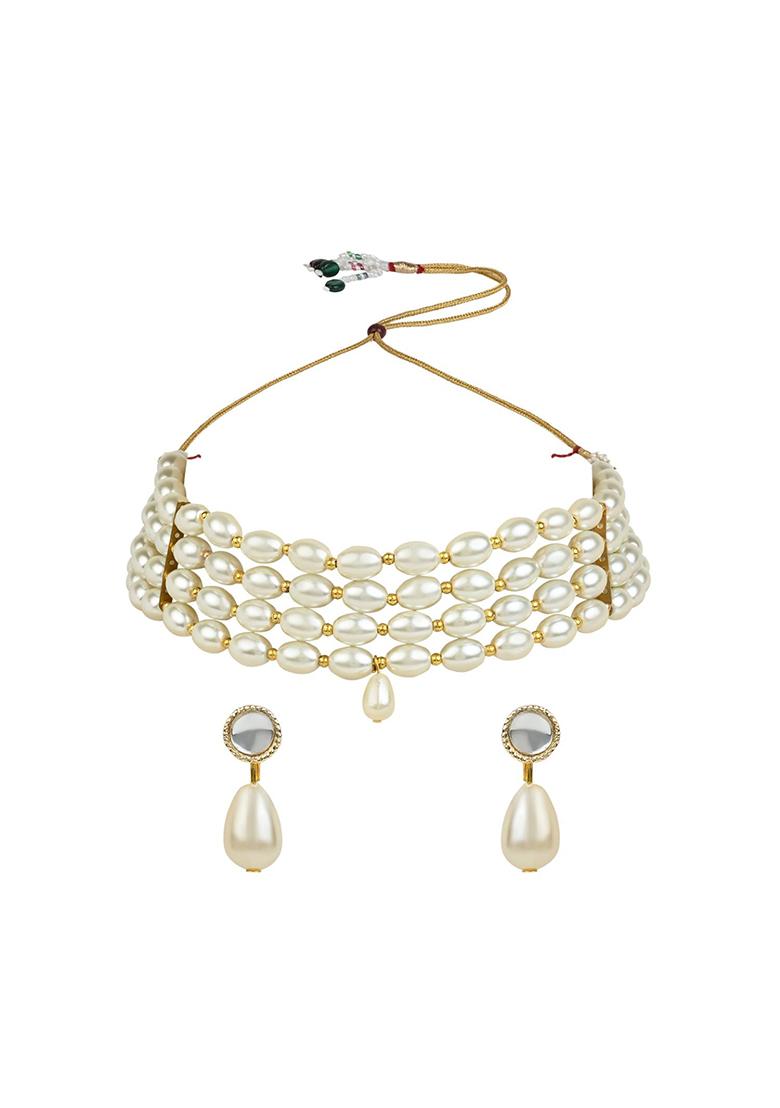 Gold Plated Traditional Pearl Beaded Stylish Moti Choker Necklace Jewellery Set With Earrings