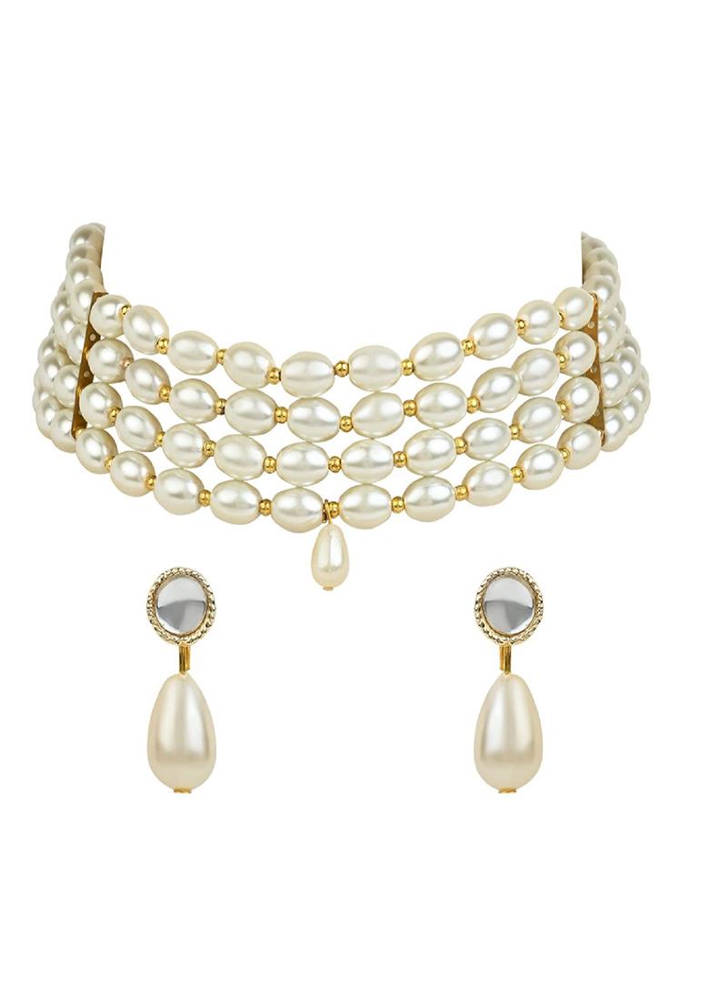 Gold Plated Traditional Pearl Beaded Stylish Moti Choker Necklace Jewellery Set With Earrings