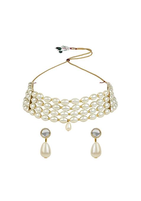 Gold Plated Traditional Pearl Beaded Stylish Moti Choker Necklace Jewellery Set With Earrings