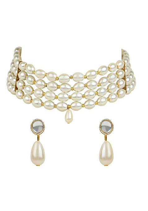 Gold Plated Traditional Pearl Beaded Stylish Moti Choker Necklace Jewellery Set With Earrings