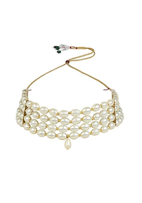 Gold Plated Traditional Pearl Beaded Stylish Moti Choker Necklace Jewellery Set With Earrings