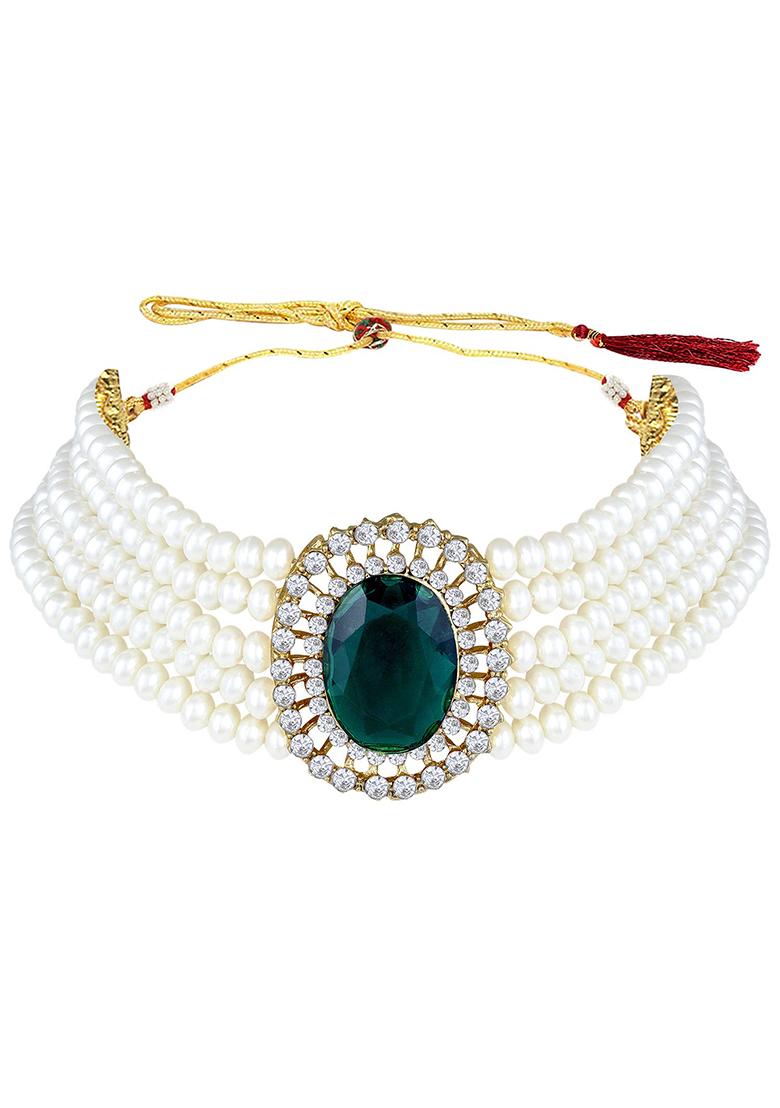 Gold Plated Traditional Green Stone Studded Pearl Choker Necklace Jewellery Set