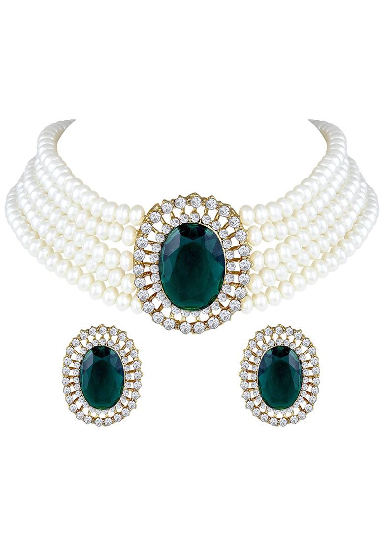 Gold Plated Traditional Green Stone Studded Pearl Choker Necklace Jewellery Set