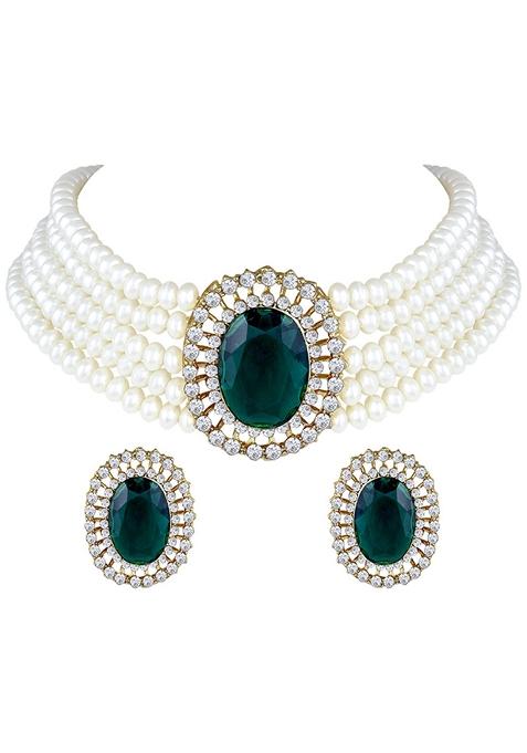 Gold Plated Traditional Green Stone Studded Pearl Choker Necklace Jewellery Set