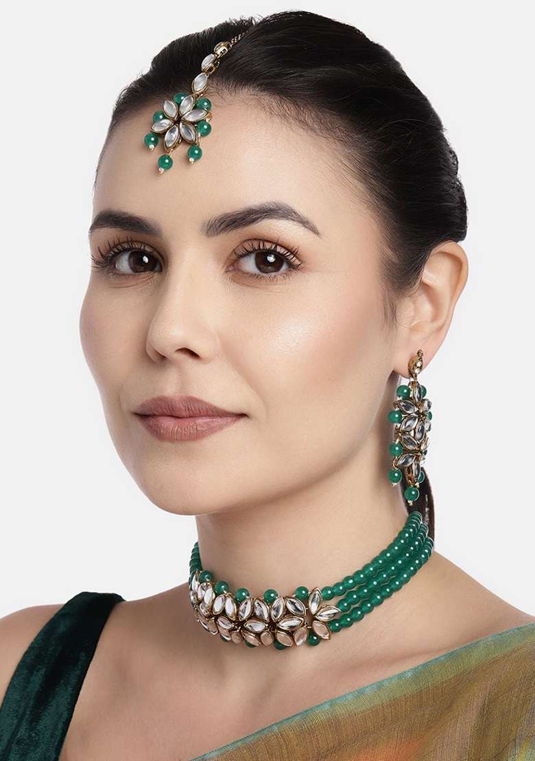 Gold Plated Kundan And Pearl Beaded Choker Set - Indya
