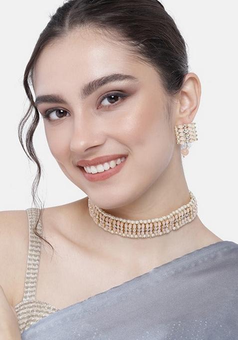 Gold Plated Traditional Kundan Pearl Choker Necklace Jewellery Set