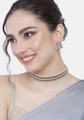 Gold Plated Traditional Peach Pearl And Kundan Studded Choker Necklace Jewellery Set