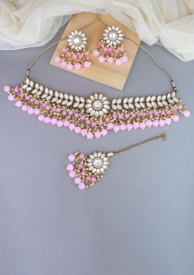 Gold Plated Traditional Kundan Studded Pink Pearl Hanging Choker Necklace Jewellery Set With Earrings And Maang Tikka