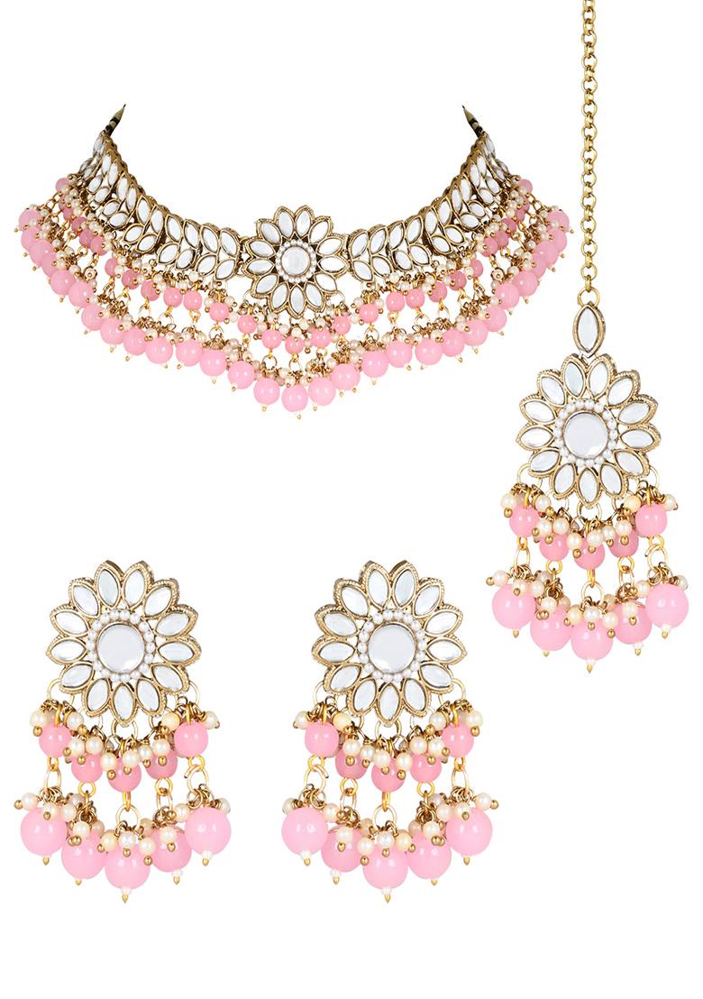 Gold Plated Traditional Kundan Studded Pink Pearl Hanging Choker Necklace Jewellery Set With Earrings And Maang Tikka