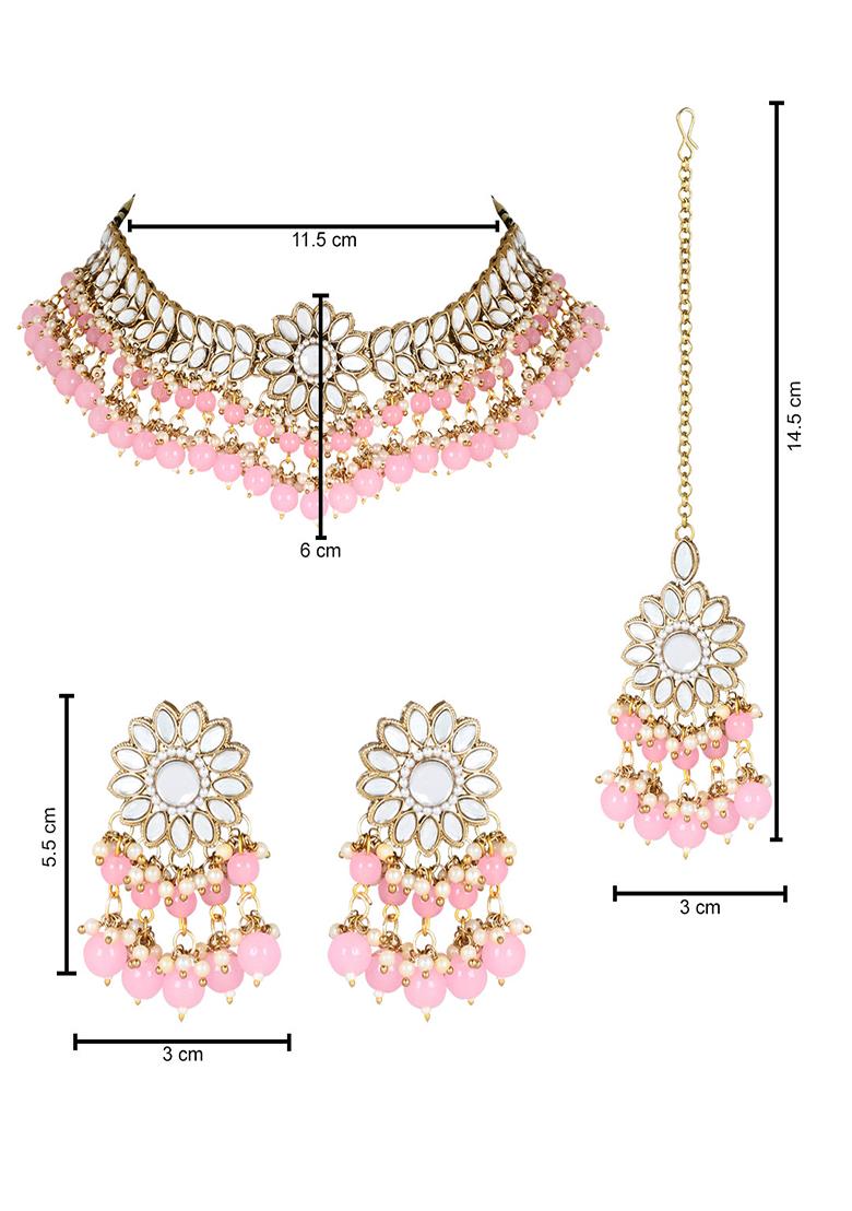 Gold Plated Traditional Kundan Studded Pink Pearl Hanging Choker Necklace Jewellery Set With Earrings And Maang Tikka