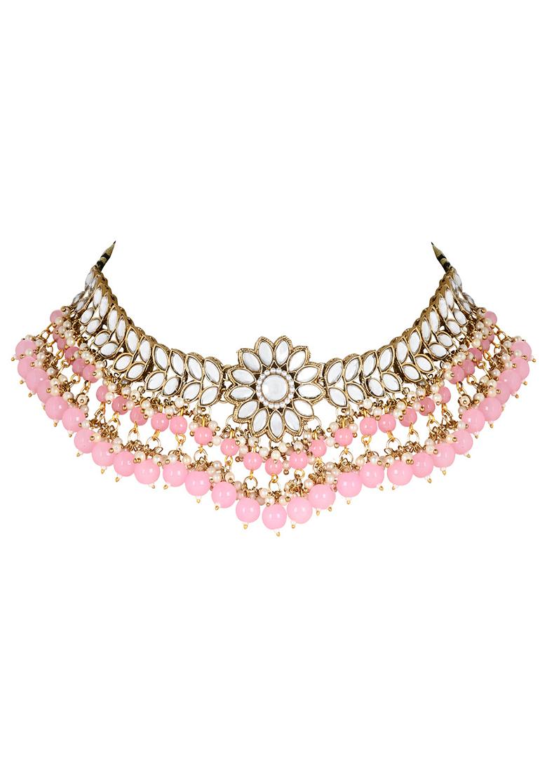 Gold Plated Traditional Kundan Studded Pink Pearl Hanging Choker Necklace Jewellery Set With Earrings And Maang Tikka