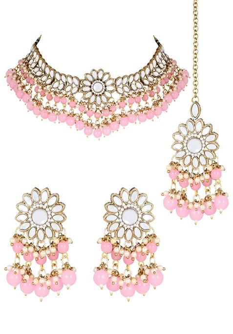 Gold Plated Traditional Kundan Studded Pink Pearl Hanging Choker Necklace Jewellery Set With Earrings And Maang Tikka