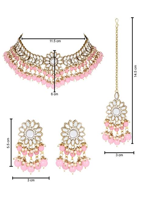 Gold Plated Traditional Kundan Studded Pink Pearl Hanging Choker Necklace Jewellery Set With Earrings And Maang Tikka