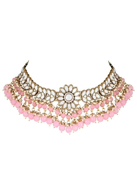 Gold Plated Traditional Kundan Studded Pink Pearl Hanging Choker Necklace Jewellery Set With Earrings And Maang Tikka