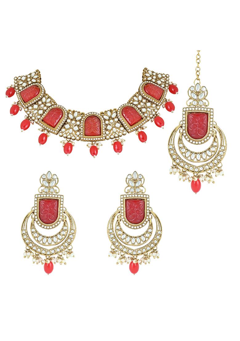 Gold Plated Traditional Pearl Kundan And Stone Studded Jewellery Necklace Set With Maang Tikka