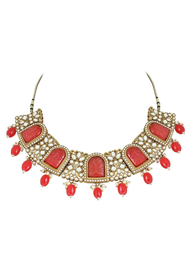Gold Plated Traditional Pearl Kundan And Stone Studded Jewellery Necklace Set With Maang Tikka