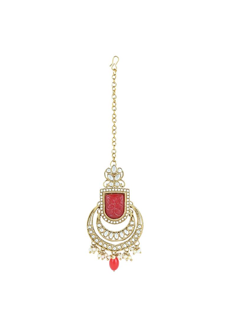 Gold Plated Traditional Pearl Kundan And Stone Studded Jewellery Necklace Set With Maang Tikka