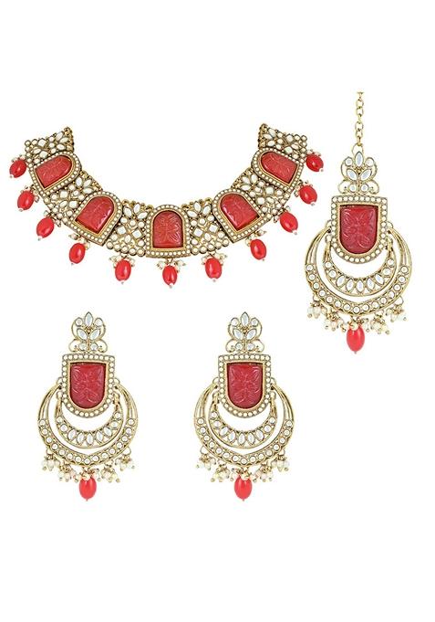 Gold Plated Traditional Pearl Kundan And Stone Studded Jewellery Necklace Set With Maang Tikka