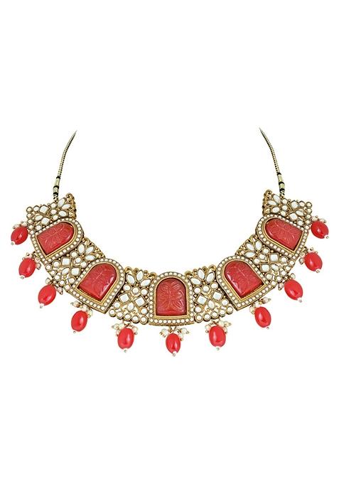 Gold Plated Traditional Pearl Kundan And Stone Studded Jewellery Necklace Set With Maang Tikka