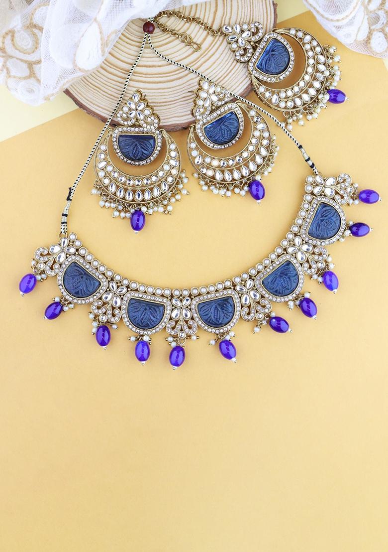 Gold Plated Traditional Pearl Kundan And Stone Studded Jewellery Necklace Set With Maang Tikka