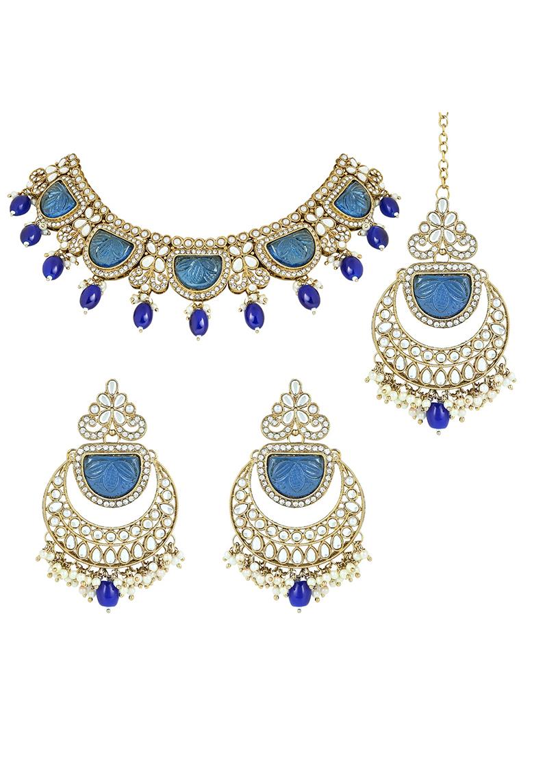 Gold Plated Traditional Pearl Kundan And Stone Studded Jewellery Necklace Set With Maang Tikka