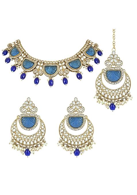 Gold Plated Traditional Pearl Kundan And Stone Studded Jewellery Necklace Set With Maang Tikka
