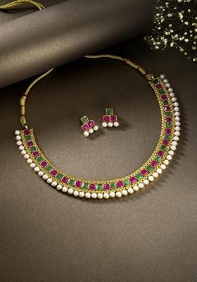 Gold Plated Traditional White Choker Necklace Jewellery Set