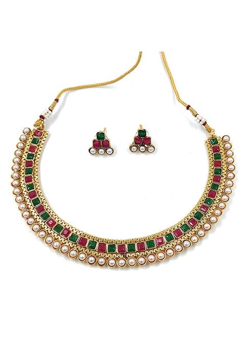Gold Plated Traditional White Choker Necklace Jewellery Set