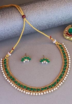 Gold Plated Traditional Green Choker Necklace Jewellery Set