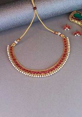 Gold Plated Traditional Pink Choker Necklace Jewellery Set