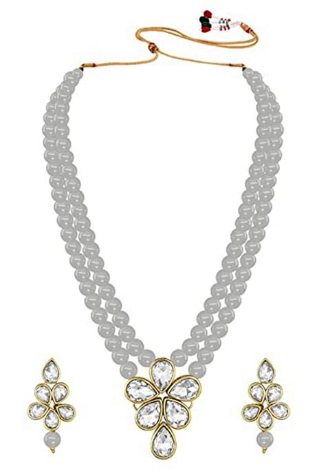 Gold Plated Traditional Kundan And Pearl Studded Necklace Jewellery Set