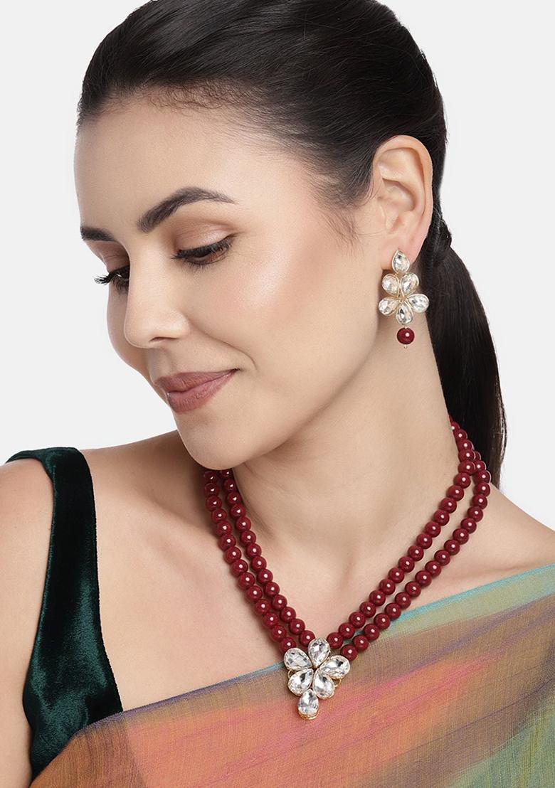 Gold Plated Traditional Kundan And Pearl Studded Necklace Jewellery Set