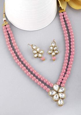 Gold Plated Traditional Kundan And Pearl Studded Necklace Jewellery Set