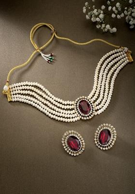 Gold Plated Traditional Stone Studded Pearl Choker Necklace Jewellery Set