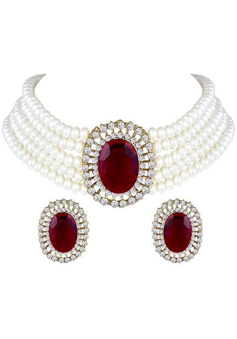 Gold Plated Traditional Stone Studded Pearl Choker Necklace Jewellery Set