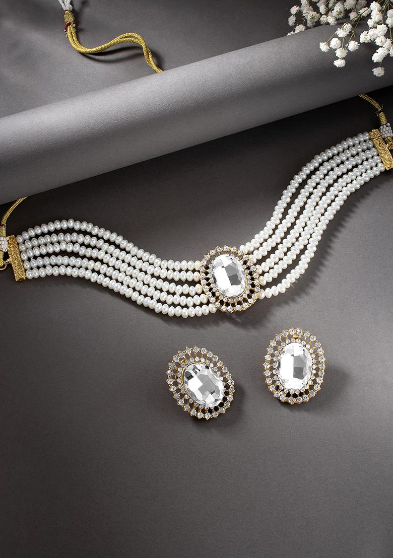 Gold Plated Traditional Green Stone Studded Pearl Choker Necklace Jewellery Set