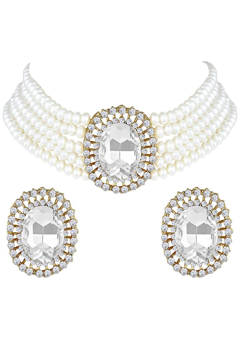 Gold Plated Traditional Green Stone Studded Pearl Choker Necklace Jewellery Set