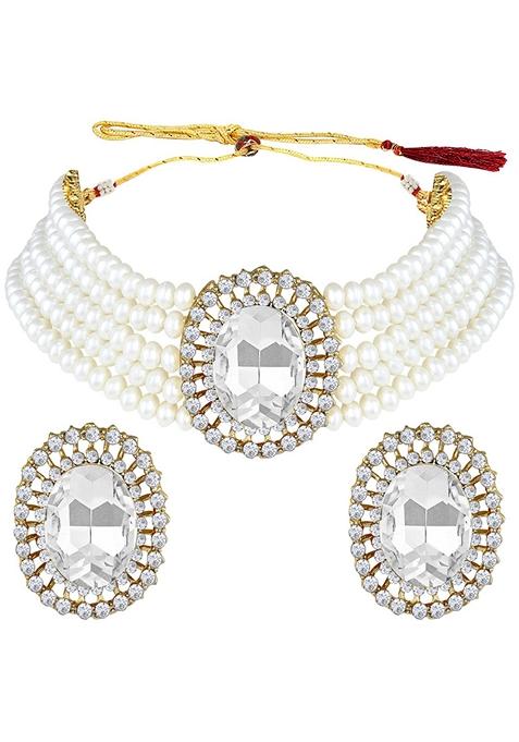 Gold Plated Traditional Green Stone Studded Pearl Choker Necklace Jewellery Set