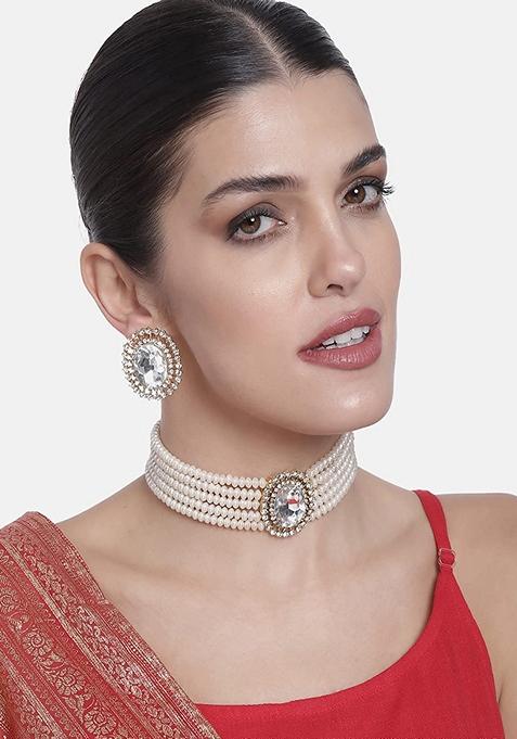 Gold Plated Traditional Green Stone Studded Pearl Choker Necklace Jewellery Set