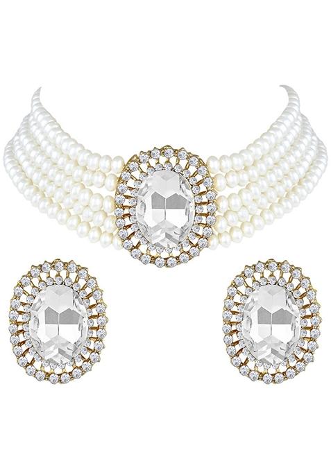 Gold Plated Traditional Green Stone Studded Pearl Choker Necklace Jewellery Set