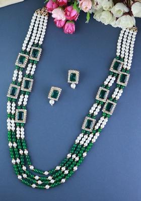 Gold Plated Traditional Stone Studded Multi Strand Long Pearl Necklace Jewellery With Stud Earrings Set