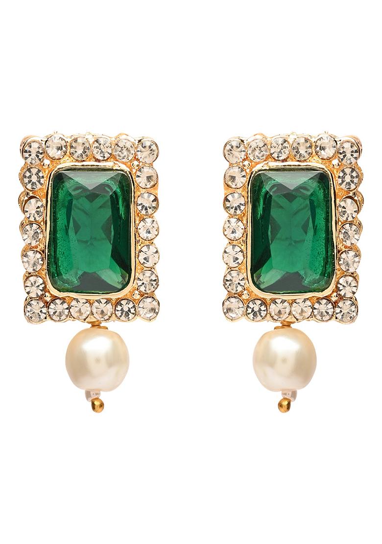 Gold Plated Traditional Stone Studded Multi Strand Long Pearl Necklace Jewellery With Stud Earrings Set