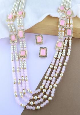 Gold Plated Traditional Stone Studded Multi Strand Long Pearl Necklace Jewellery With Stud Earrings Set