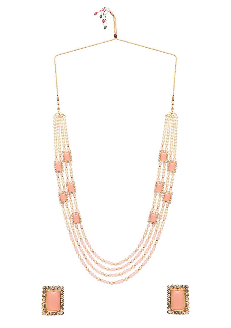 Gold Plated Traditional Stone Studded Multi Strand Long Pearl Necklace Jewellery With Stud Earrings Set