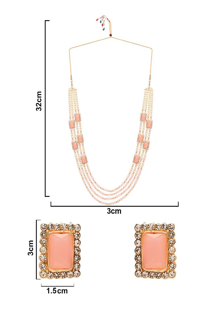 Gold Plated Traditional Stone Studded Multi Strand Long Pearl Necklace Jewellery With Stud Earrings Set