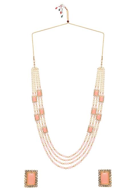 Gold Plated Traditional Stone Studded Multi Strand Long Pearl Necklace Jewellery With Stud Earrings Set